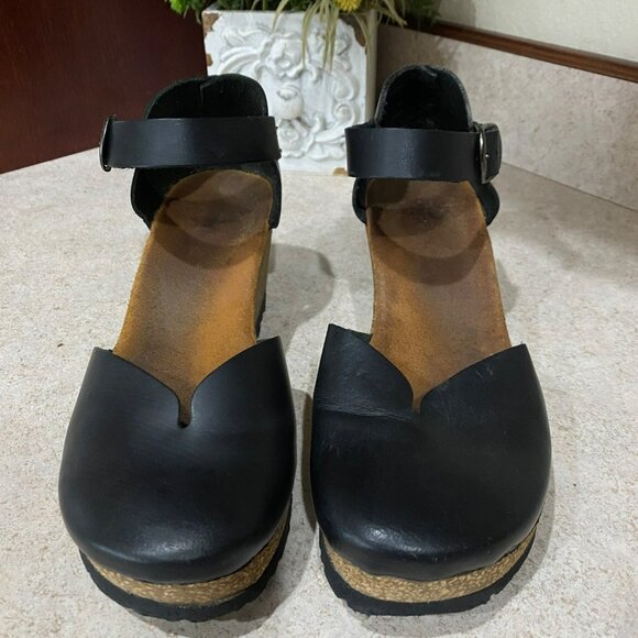 Yokono Womens Black Leather Mary Jane Wedge Sandals Size 7 With Cork Sole & Buck - Picture 7 of 7
